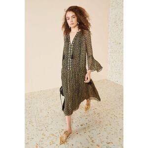 Ulla Johnson Lotte Silk Prairie Midi Dress Small Floral Tassels